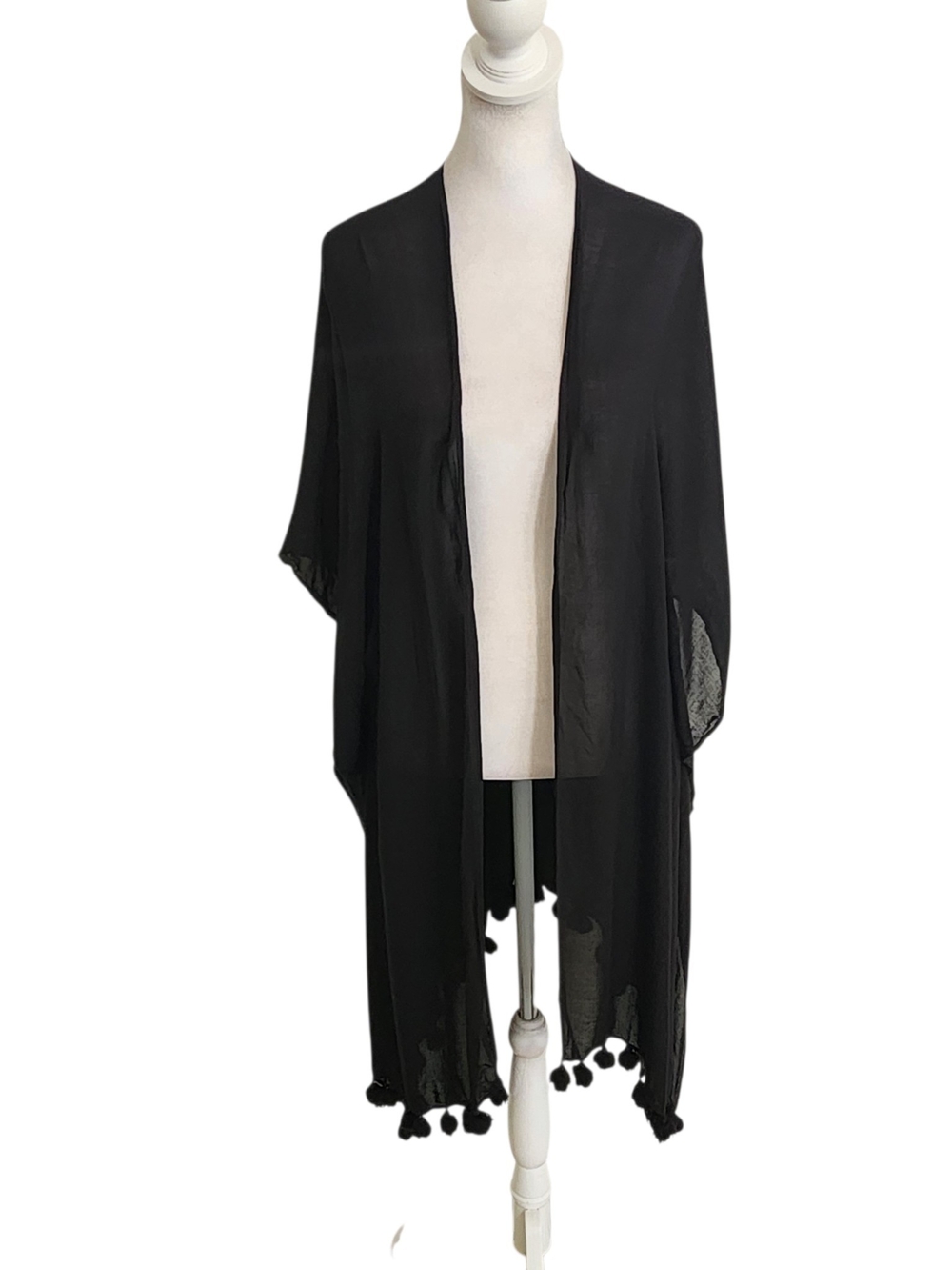 Nordstrom Black Kimono with Pom-Pom Tassel Trim Lightweight Boho One Size